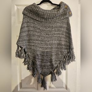 ESPRIT Tickled Grey, Patchwork Knit Poncho with Thick Fringe Never Worn